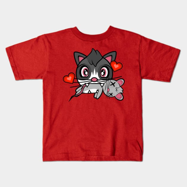 Lovestruck Cat Amanda with Dead Mouse Kids T-Shirt by MOULE